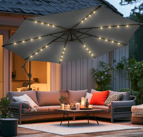 Wikiwiki 10ft Solar LED Offset Hanging Market Cantilever Patio Umbrella for Backyard, Poolside, Lawn and Garden, Easy Tilt Adjustment, Polyester Shade & Cross Base, Dark Gray