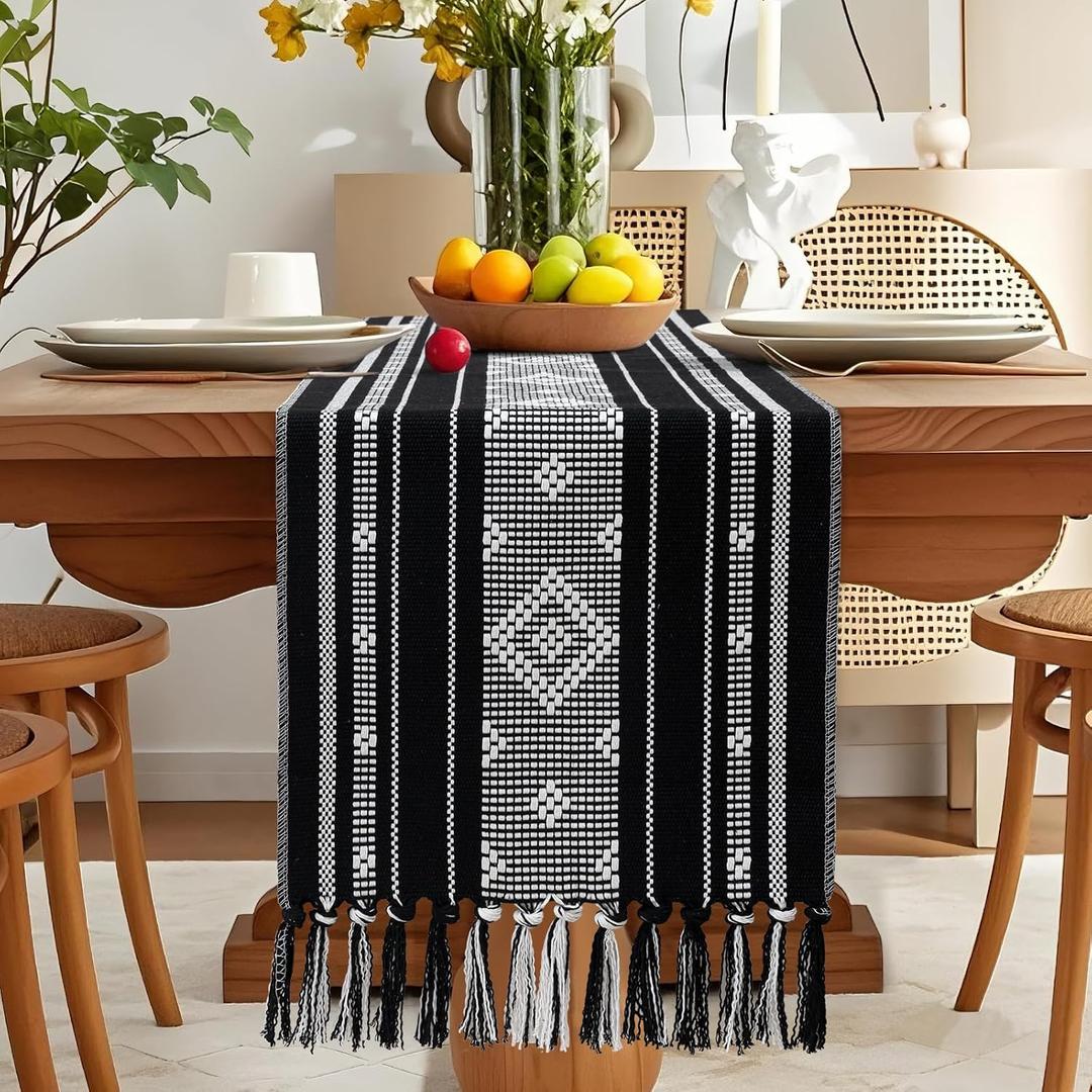 OTOSTAR Black Table Runner 13x60 Inches Boho Rustic Table Runner with Tassels Farmhouse Kitchen Dining Macrame Table Decoration for Christmas Home Wedding Party Birthday Holiday Decor (Black)