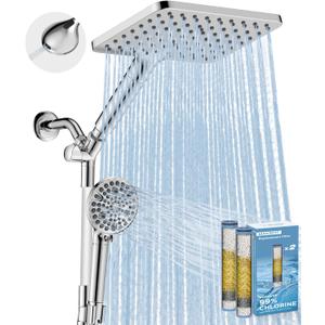 MakeFit Dual Filtered Rain Shower Head Combo, High Pressure Handheld Shower Head with Adjustable Bar - Rainfall Shower Head And Showerhead with Filter for Hard Water - Removes Chlorine (Polished Chromed)