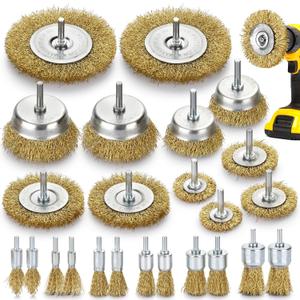Wire Wheel for Drill - 24 Pack Brass Wire Wheel Cup Brush and End Brush Set, Wire Brush for Drill Rust Removal, Wire Brush Drill Attachments, 1/4" Drill Shank, Carbon Steel Bristles