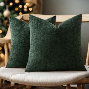 Woaboy Pack of 2 Dark Green Pillow Covers 20x20 Inch Christmas Soft Chenille Couch Throw Pillows Solid Color Cushion Covers Home Decoration for Spring Sofa Living Room