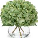 Hollyone Hydrangea Artificial Flowers with Glass Vase Dark Green Silk Faux Flowers Arrangements in Vase with Faux Water Fake Floral Bulk Bouquet for Home Decor Table Centerpiece Decorations