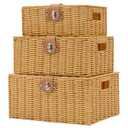 Wicker Storage Baskets with Lids, Set of 3 Decorative Storage Boxes For Organizing, Woven Baskets with Leather Lock and Handles (Beige)