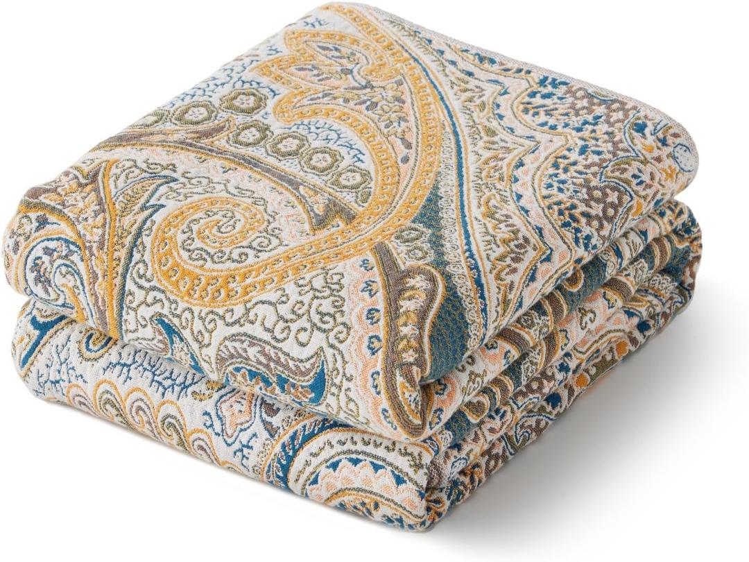 100% Cotton Boho Throw Blanket for Home Decor  Classic Farmhouse Quilt Bedding, Muslin Blankets for Adults, Vintage Woven Decorative Blanket for Couch, Bed Layering Use, Paisley Pattern, 90"x90"