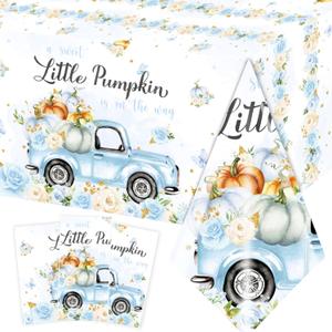 GREHUMOR Little Pumpkin Baby Shower Tablecloth a Sweet Little Pumpkin is on The Way Theme Blue Floral Truck Table Cover Plastic Disposable for Autumn Thanksgiving Baby Shower Party Decoration