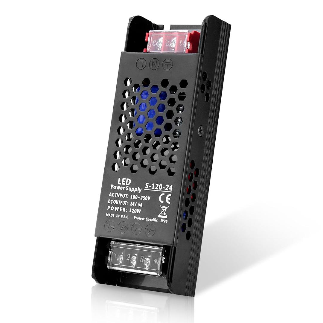 LED Driver 24V 120W 5A Slim LED Power Supply, AC 100-250V to 24V DC Adapter, Constant Voltage LED Transformer for Strip Lights, Bulbs, Garden and Cabinet Lights