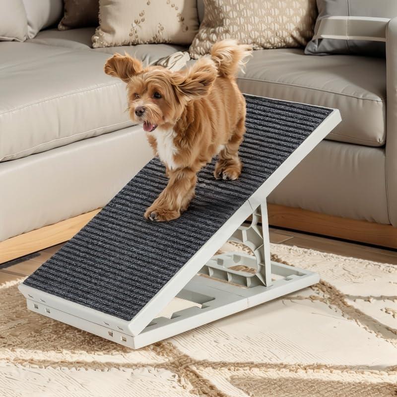 Dog Ramp Bed for Small, Medium 2 in 1 Adjustable Pets Folding Collapsible Pet Ramps with Non Slip Carpet Portable Indoor Puppy Ramp for Sofa, Chair