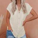 siliteelon Linen Shirts for Women Button Down Shirts Short Sleeve Cotton Collared V Neck Solid Casual Blouses with Pocket (Beige, L)