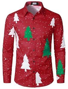 JOGAL Mens Christmas Shirts Santa Claus Party Long Sleeve Button Down Shirts RedTree X-Large