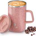 Ideus Vacuum Insulated Coffee Mug, 16oz Reusable Stainless Steel Thermal Double Walled cup with Handle and Slider Lid for Hot & Cold Beverages, BPA Free (Leapord Pink)