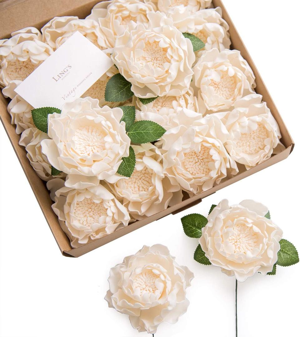 Ling's Moment Flowers 16pcs Cream Blooming Peonies Artificial Flowers with Stem, Artificial Peony Flowers for DIY Wedding Decorations Centerpieces Bouquets Boutonnieres