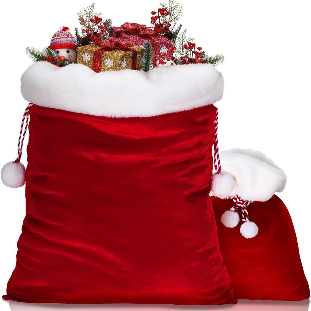 Shappy 2 Pieces Christmas Velvet Santa Bags with Drawstring in 2 Size Large Christmas Bags Santa Gift Sack for Xmas Playing Present Toy(Red)