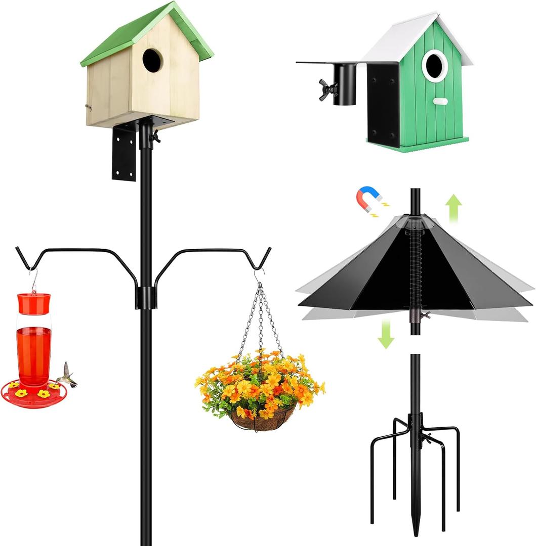YINGYM Bird Feeder Pole, 79 Inch Heavy Duty Bird House Pole Mount Kit for Outdoors, Adjustable Feeding Stand, with 2-Hooks, Metal Squirrel Baffle and 5-Prong Base, Black