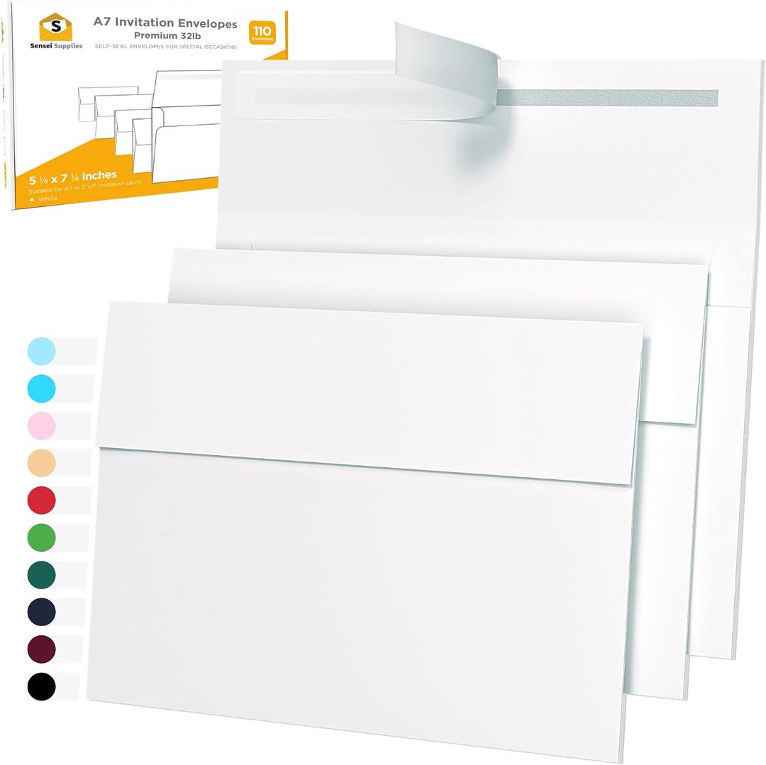 5x7 Envelopes for Invitations - 110 White Envelopes for 5x7 Cards - A7 - (5 x 7 inches) - Perfect for Weddings, Graduation, Baby Shower - 120 GSM - Peel, Press & Self Seal - Square Flap