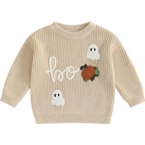 FOMOYUU Baby Girl Boy Knit Sweater Halloween Outfit Embroidery Warm Crewneck Long Sleeve Tops Fall Winter Clothes (3-6 Months, Khaki)