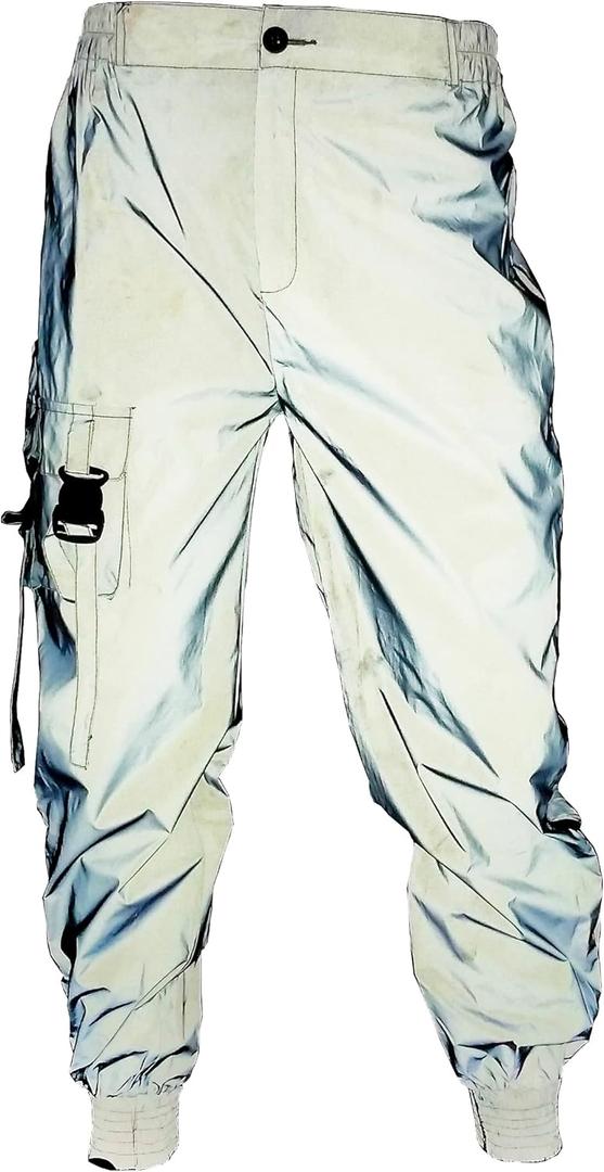 LZLRUN Men Rave Reflective Pants Breathable Zipper Trousers Casual Harajuku Night Sporting Jogger (Large, Silver)