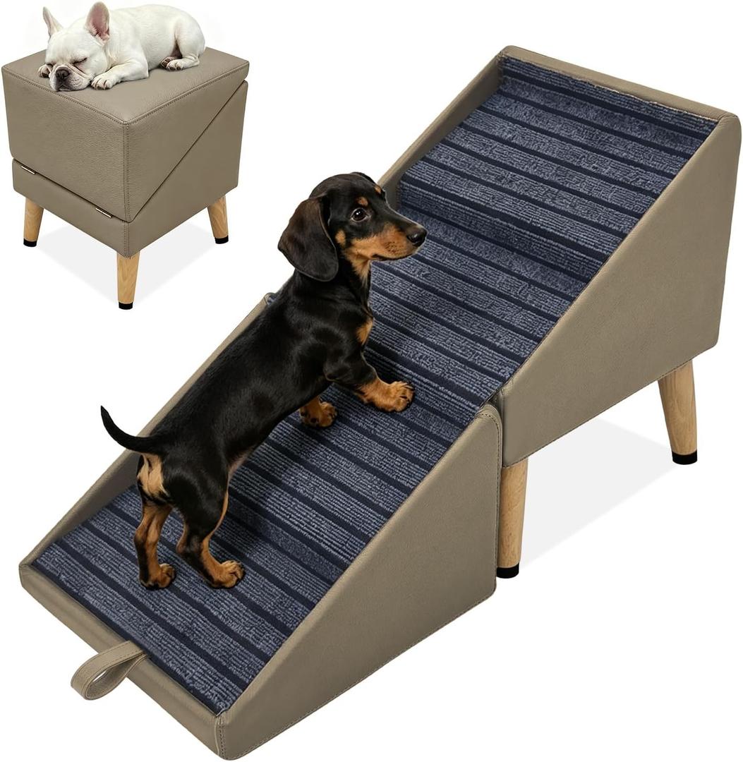 17.3" H Dog Stairs for Small Dogs, 2-in-1 Pet Steps & Ottoman - Foldable Dog Ramp for Couch, Sofa,Bed with Premium Leather, Non-Slip Wooden Pet Stairs for Puppy Senior Injured Dogs