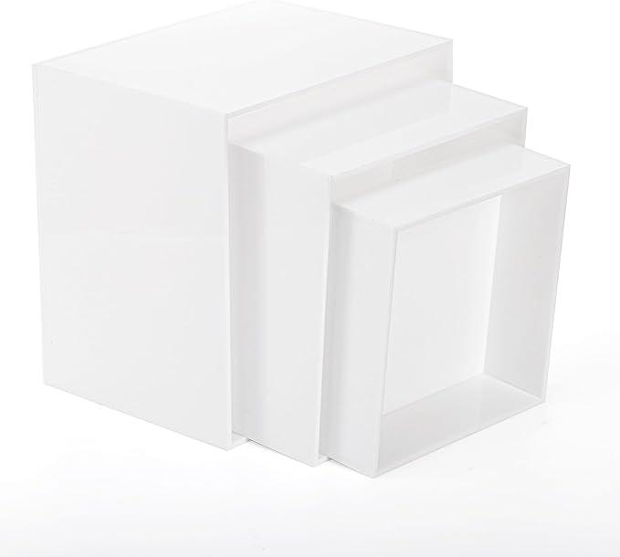 Hacaroa Set of 2 Acrylic Cube Riser Hollow Bottom, Glossy White Buffet Riser Food Display Stand, 5 Sides Cupcake Stand Nesting Display Boxes for Jewelry, Collectibles, Figures, 3 Sizes