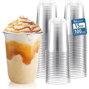Homestockplus 15 oz Clear PET Plastic Cups 100 Pack  UShaped Disposable OpenTop Plastic Cups, Crystal Clear Ice Coffee Cups To Go for Iced Coffee, Smoothies, Bubble Tea & Outdoor Gatherings