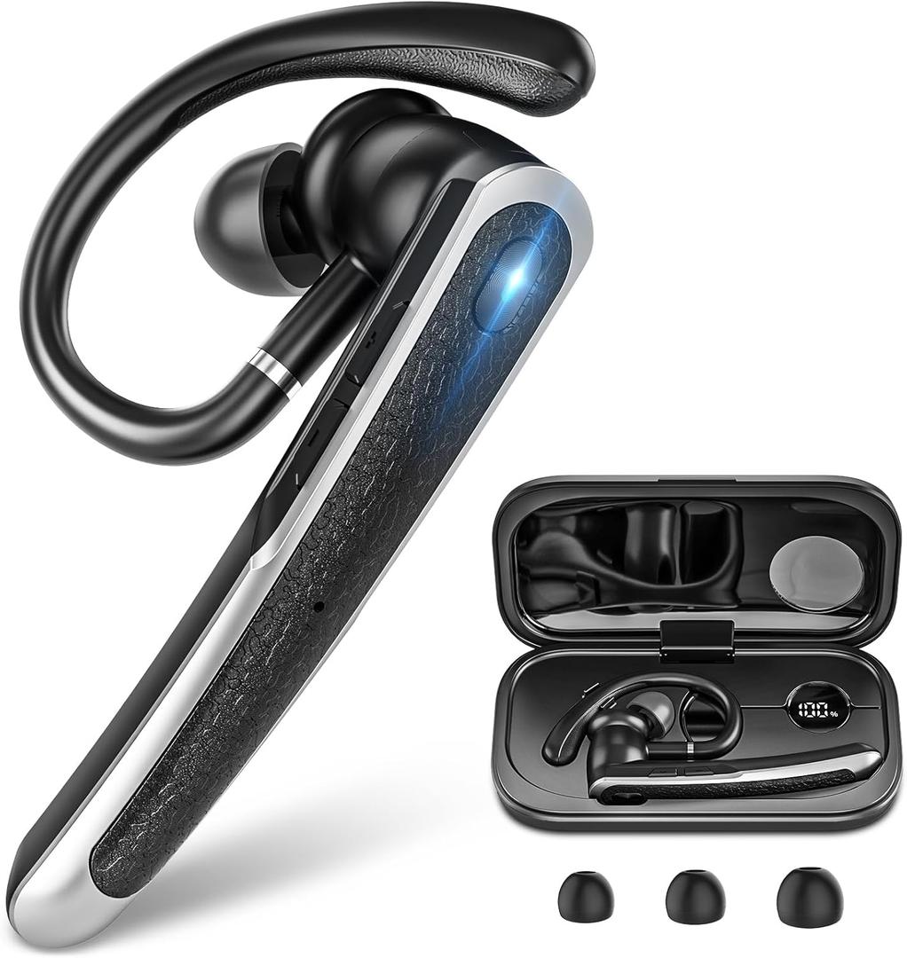 Sisism Bluetooth Headset, Wireless Bluetooth Earpiece with LED Display Charging Case, V5.3 Hands Free Noise Canceling Headphones with Dual-Mic for Computer/Laptop/Cell Phones/Home/Office/Trucker (Black)