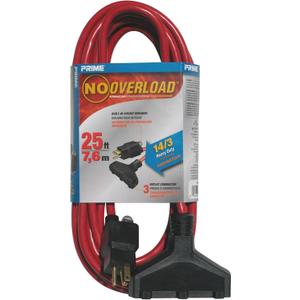 Prime CB614725 25-Foot 14/3 SJTW Triple-Tap Outdoor Extension Cord with Circuit Breaker Plug, Red