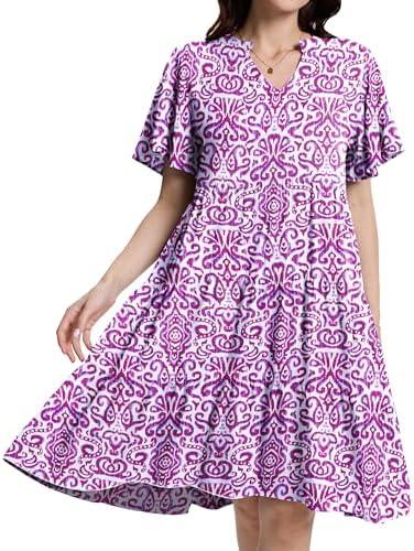 HeJoy Women's Casual Tiered Swing Midi Dress Ruffle Sleeve V Neck A Line Petite Summer Dresses with Pockets Size XL