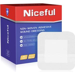 Niceful 50 Count Adhesive Gauze Island Dressing 4" x 4", Water-Resistant Wound Dressing, Sterile & Absorbent Medical Grade Dressing Pads First Aid Pads FSA Eligible