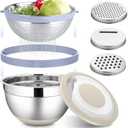 HaWare Mixing Bowl with Colander, 4-1 Stainless Steel Bowl Set with Lids & 3 Pcs Nesting Graters, Rotatable Food Strainer for Rinsing Fruits Vegetables, Non-Slip Bottom, Khaki