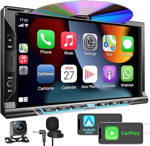 Double Din car Stereo with CD/DVD Player- CarPlay & Android Auto, Car Audio with Bluetooth, 7 Inch HD Touchscreen, Rear Camera, USB/TF/AUX, Subwoofer, AM/FM Radio Receiver