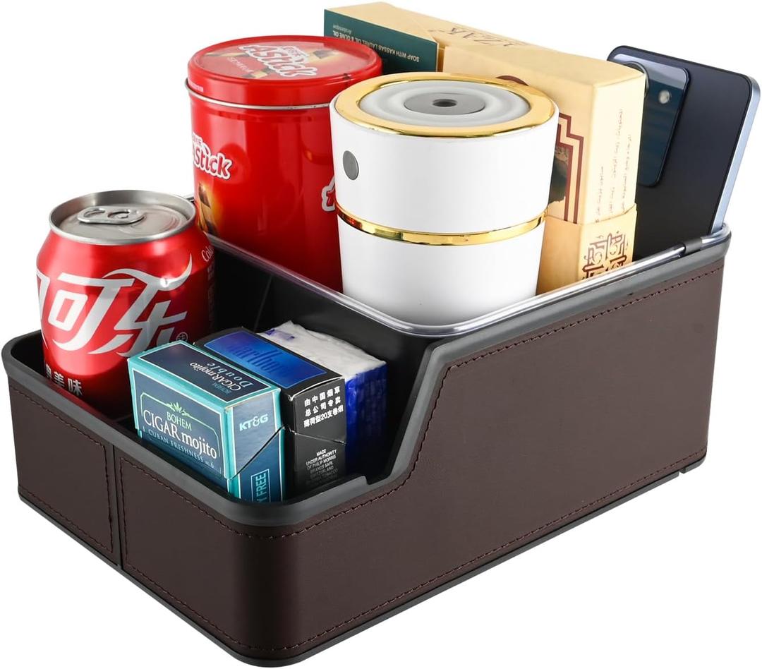 Car Seat Organizer with Phone Holder, Armrest Cup Holder Tray Truck Organizer & Storage Front Seat Car Caddy fit for Floor Hump Organizer(Brown)