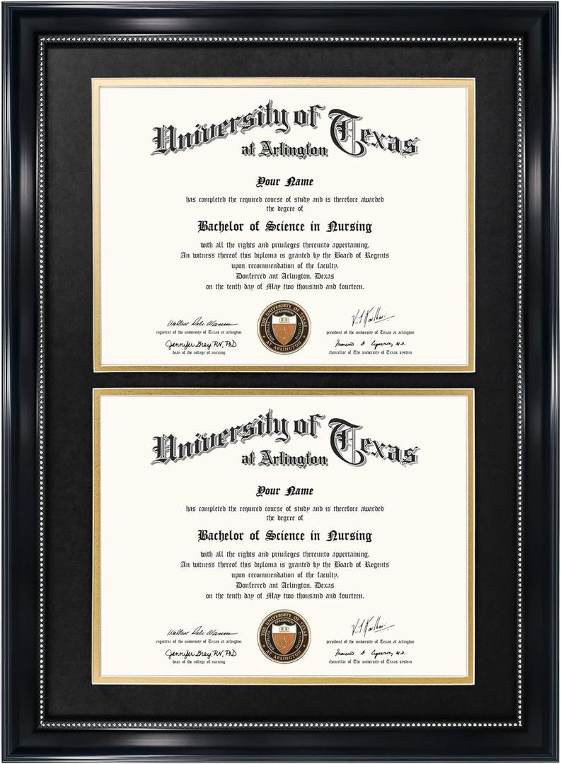 GraduationMall 14x20 Double Diploma Frame, Display 8.5x11 Certificate with Black over Gold Mat,UV Protection Acrylic,Black with Silver Beads