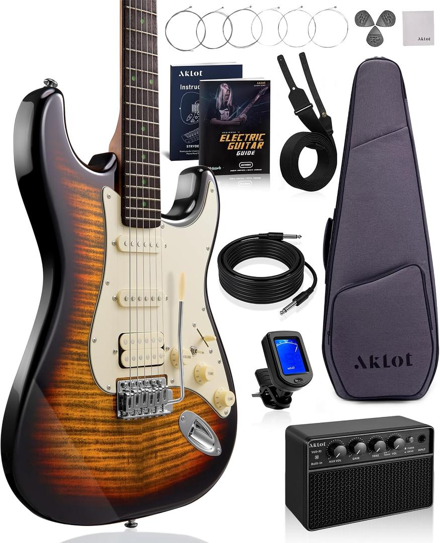 AKLOT Beginner Electric Guitar Kit: 10W Amp, Coil-Split HSS Pickups, Lesson Book, Roasted Maple Neck, Gig Bag, Tuner, Strap, Picks, Stryde Inferno Burst, Sunburst