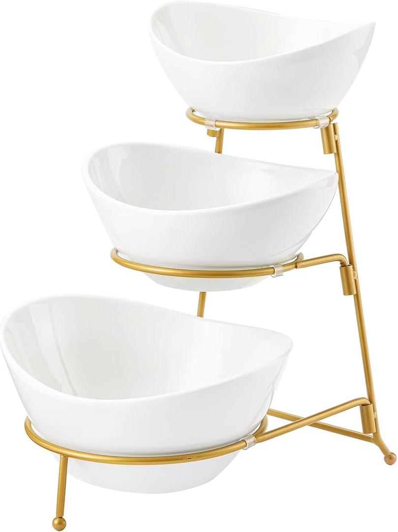 HBlife 3 Tier Serving Stand Oval Serving Bowl with Metal Rack, Ceramic Serving Dishes Chip and Dip Serving Set, Food Display Dessert Appetizer Candy Bowl, Tied Serving Trays for Parties, Gold