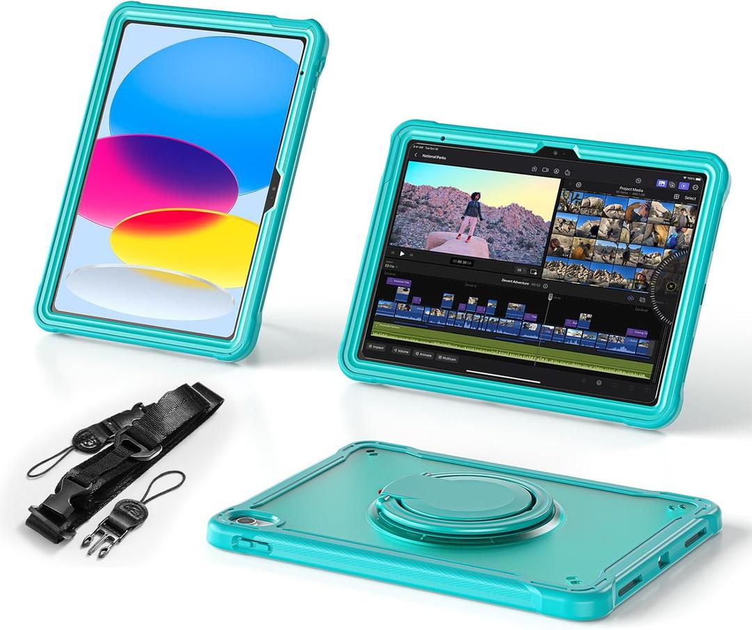 BATYUE Case for iPad (A16) 11th/10th Gen 11''/10.9'' 2025/2022 | Matte Frosted Shockproof Protective Cover with 360 Rotating & 180 Folding Stand, Shoulder Strap & Pencil Holder | Light Blue