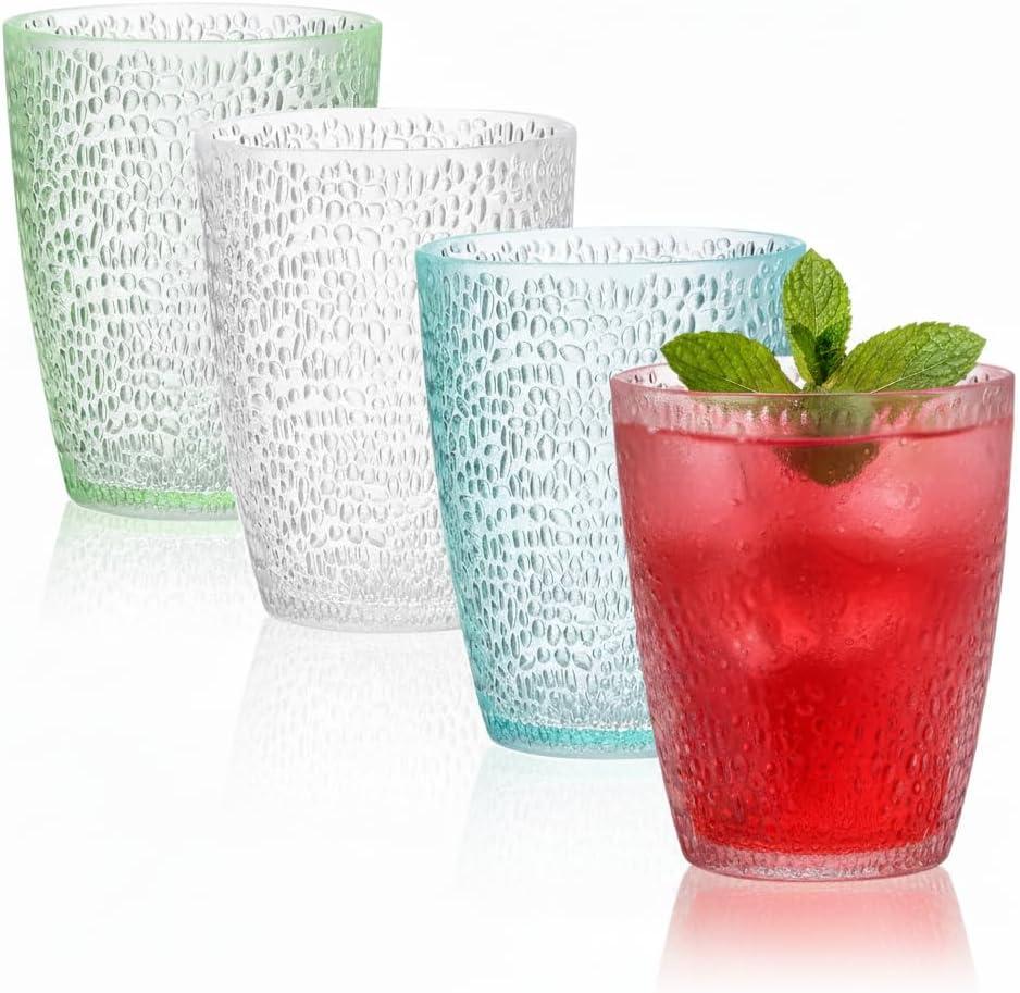 4 PCS Colored Plastic Drinking Glasses, Reusable Acrylic Drinking Cups, Stackable Juice Glasses Drinkware, Unbreakable Water Tumblers, BPA Free, Dishwasher Safe, 290 ML/10 OZ (4 Colors)