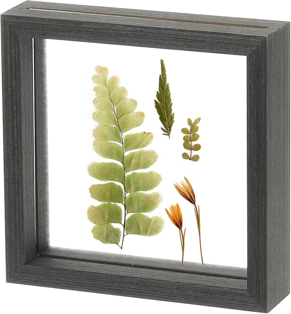 Uxcell Wooden Pressed Flower Frame Handmade, 6x6 Inch Square Floating Picture Frame Double Glass Frame for Pressed Flowers Artwork Photo Frame Tabletop Display, Black Wood