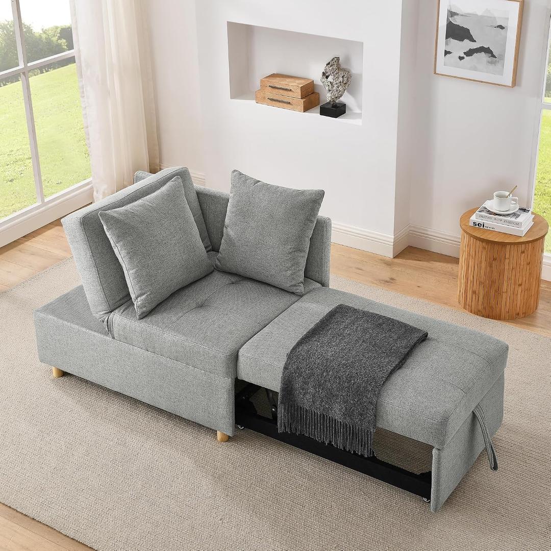 KEIKI 39" Convertible Linen Sleeper Sofa Recliner Chair with Wheels and Adjustable Cushion Backrest, Modern Style 3-Seater Pull-out Couch Bed with Arms, Easy Assembly, for Apartment, Living Room, Grey