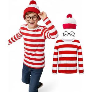 MEDEJU Waldo Red and White Striped Shirt Adult Men Women's Halloween Cosplay Costumes Funny Sweatshirt Outfit Glasses Suits Kid (9-11 years)