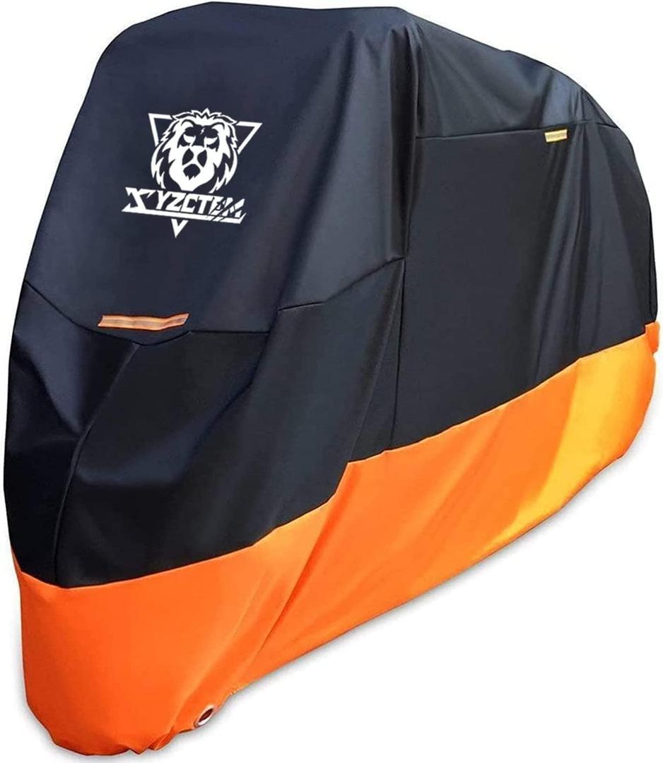 XYZCTEM Motorcycle Cover  All Season Waterproof Outdoor Protection  Precision Fit up to 96 Inch Tour Bikes, Choppers and Cruisers  Protect Against Dust, Debris, Rain and Weather (Black& Orange)