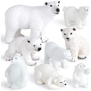FEPITO 8 Pcs Winter Realistic Polar Bear Animal Figures Miniature Figurine Toy Mini Christmas Figures for Christmas Ornaments DIY Forest Farm Birthday Cake Decorations