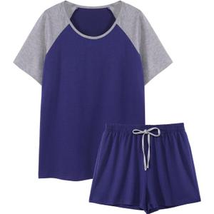 Hilinker Womens 2 Piece Pajama Set Short Sleeve Top with Shorts Sleepwear Summer Lounge Sets Grey Blue Medium (Blue, M)