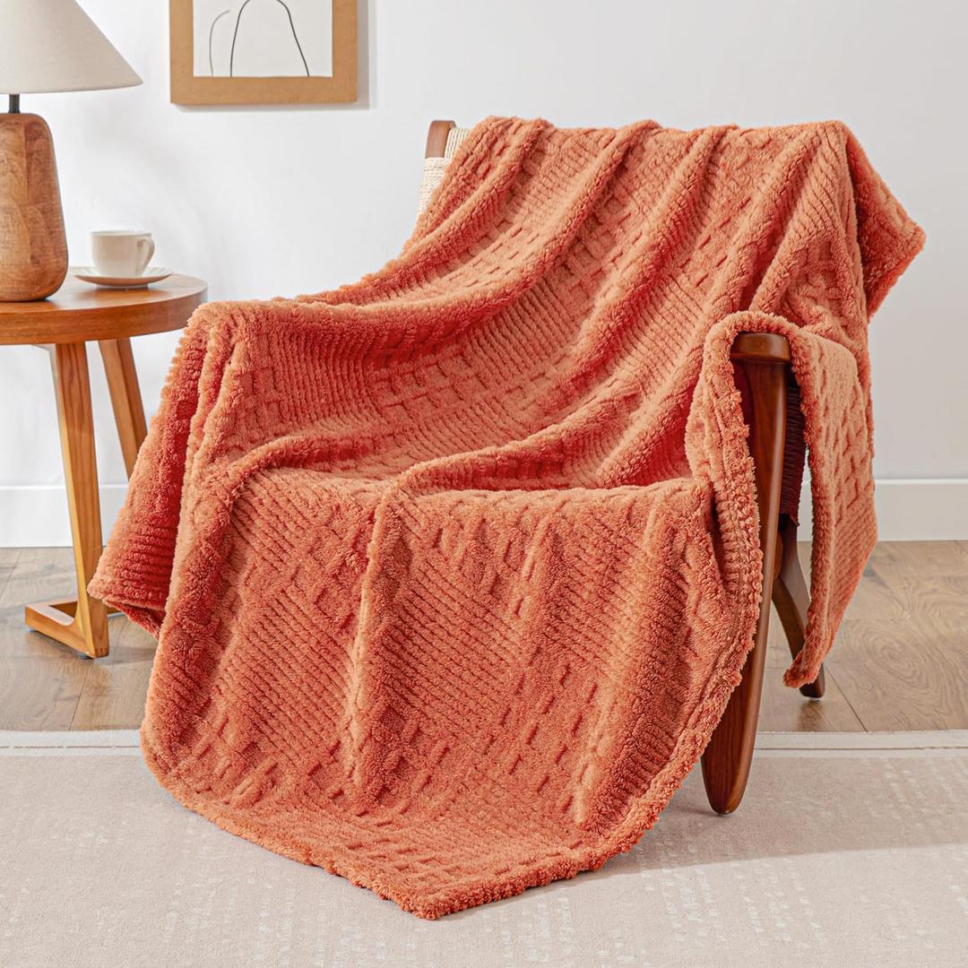 EXQ Home Fleece Throw Blanket for Couch or Bed - 3D Waffle Patchwork Pattern Jacquard Decorative Blankets - Cozy Soft Fuzzy Flannel Blanket Suitable for All Seasons(50"60",Terracotta)