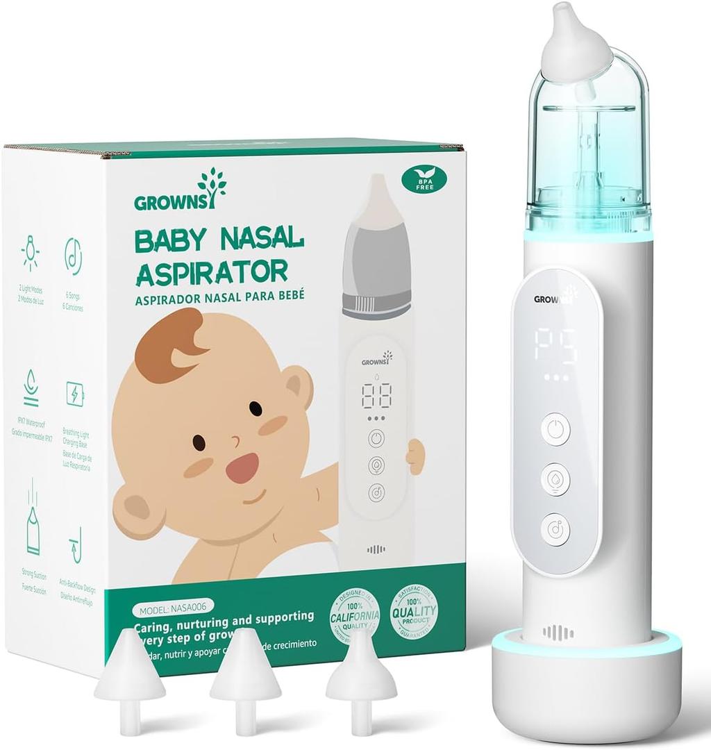 GROWNSY Nasal Aspirator for Baby, Upgraded 5 Suction Levels Baby Nose Sucker, IPX7 Waterproof Electric Nose Suction for Baby, Booger Sucker for Toddlers with Automatic Cleaning &Music &Light Functions (Standard, Grey)