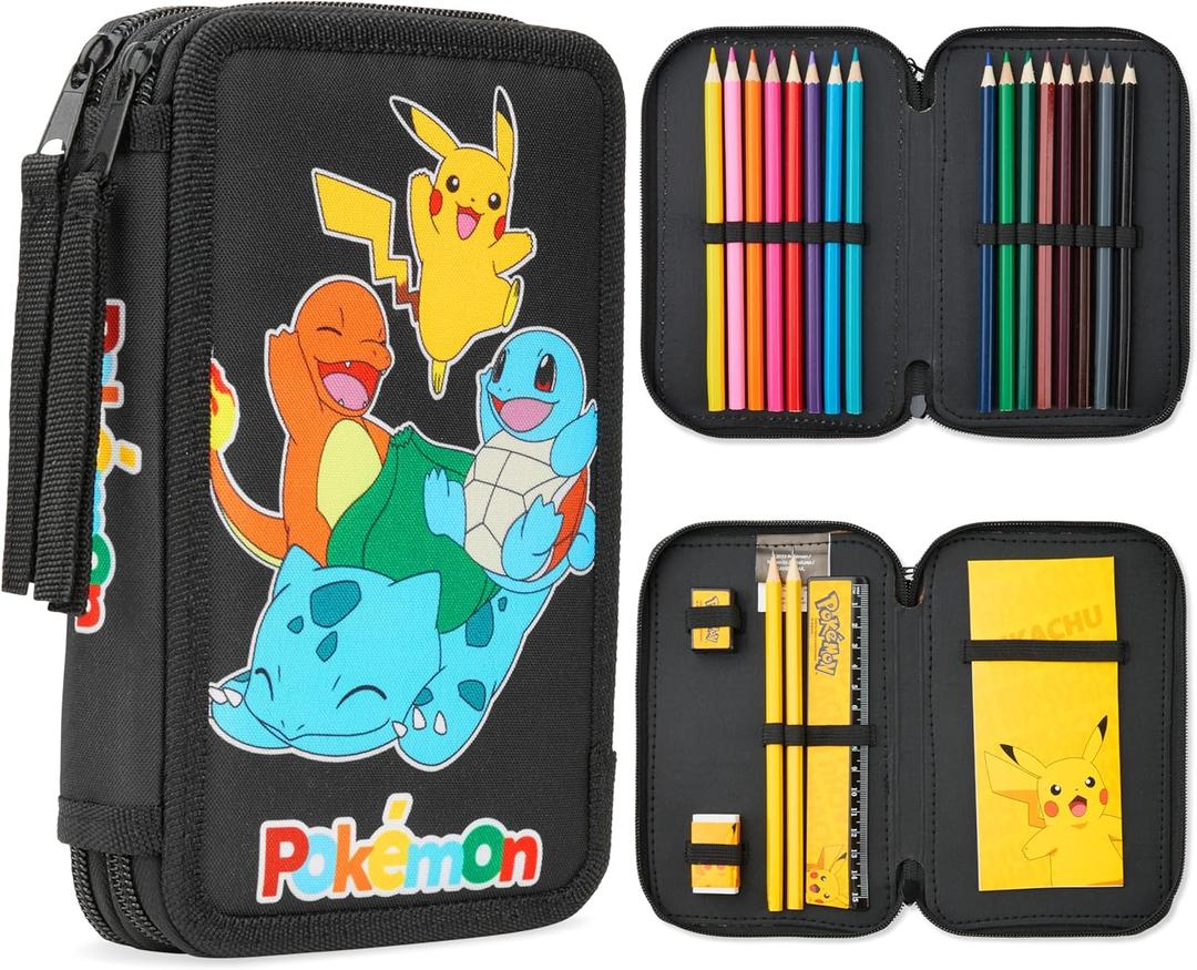 Pokemon Pencil Case for Boys Girls Pikachu Stationery Set with Colored Pencils Sharpener Ruler Eraser Notepad School Supplies Anime Gifts for Kids (Black/Multi)