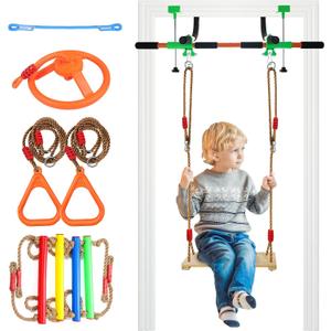 Doorway Swing for Kids & Door Pull Up Bar for Adults - Indoor Kid Swing with 4pcs Accessories - Multi-Function Doorway Gym for Family Fitness & Play (Orange)