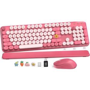Wireless Keyboard and Mouse Combo, Cute Hot Pink FullSize Retro Typewriter Keyboard with Round Keycaps, Magnetic Wrist Rest, Tilt Legs, 2.4GHz Cordless for Mac, Windows PC, Laptop, SABLUTE CK23