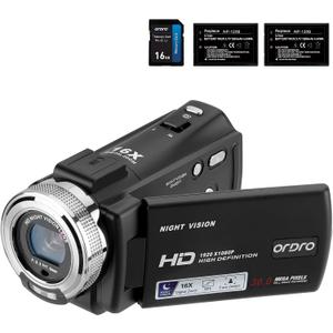 ORDRO HDV-V12 Video Camera Full HD Camcorder Digital Recorder | 1080P 30FPS 30MP | 3.0 Inch Rotation LCD | 16X Digital Zoom | Infrared Night Vision - Black (V12+16GB Card)