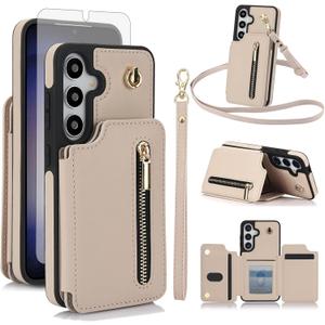 Asuwish Phone Case for Samsung Galaxy S24 FE 5G RFID Wallet Cell Zipper Cover with Tempered Glass Screen Protector Crossbody Strap Credit Card Holder Slot Stand S 24 EF AI S24FE 24S Women Men Beige