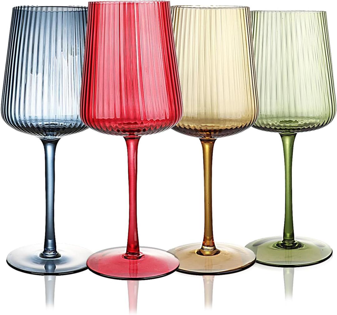 Hand Blown Ribbed Wine Glasses with stem, Lead-Free Crystal Glasses, Luxury Gift, Set of 4, Unique, 18oz Premium Wine Goblet, Large capacity, Fluted Design (Winter Colored)