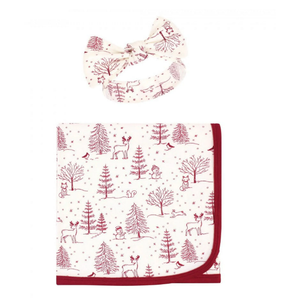 Touched by Nature Baby Girl Organic Cotton Swaddle Blanket and Headband or Cap, Winter Woodland, One Size